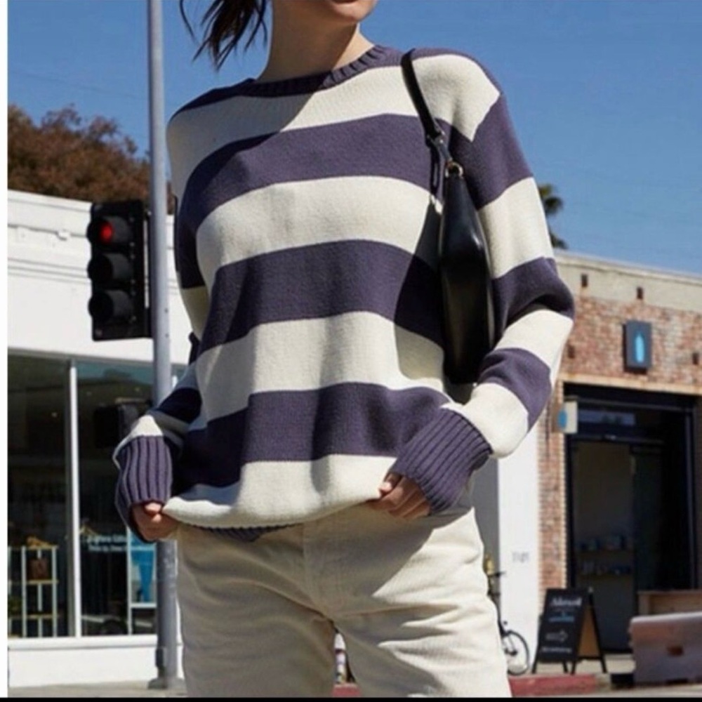 Brandy Melville Navy and White Striped oversized Crew Neck Sweater